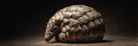 A pangolin is curled into a tight ball, showcasing its unique scales while soft light illuminates the scene, creating a peaceful atmosphere.の素材