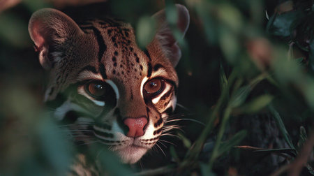 An ocelot observes its surroundings from behind dense foliage, showing its striking patterns and expressive eyes in a moment of curiosity and stealth.の素材