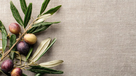 Olive branches and ripe figs are creatively displayed on textured linen, showing a rustic and natural aesthetic that enhances any culinary setting.の素材