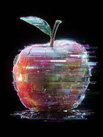 A vibrant neon apple emanates glitch effects, embodying a unique cyberpunk style set against an upper-third empty space, inviting curiosity.の素材