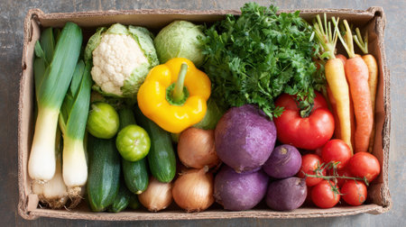 A market box filled with an assortment of fresh organic vegetables including tomatoes, zucchini, and herbs showcases the abundance of local produce.の素材