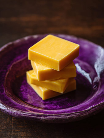 Three natural yellow soap bars elegantly stacked in a vibrant purple ceramic dish sit on a rustic wooden surface, creating a beautiful contrast.の素材