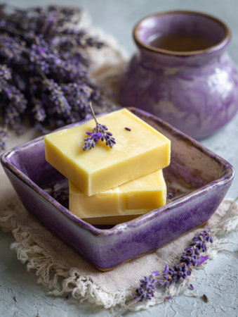 Soft textures create a calming aesthetic with a natural yellow soap bar placed in a purple ceramic dish, accented by lavender flowers for a refreshing touch.の素材