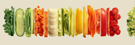 Colorful sliced vegetables organized visually to highlight their freshness and nutritional benefits in a clean, modern infographic design.の素材