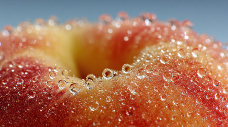 Water droplets cling to the soft fuzz of a ripe peach, showing its vibrant colors and inviting freshness in a tranquil, natural environment.の素材