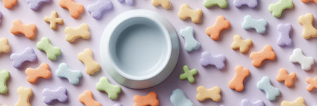 This design showcases a pastel bowl surrounded by vibrant bone shapes, perfect for a pet brand with an inviting open area for custom elements.の素材