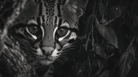 Ocelot peers cautiously from behind foliage, showing its striking features in a dramatic setting during twilight hours.の素材
