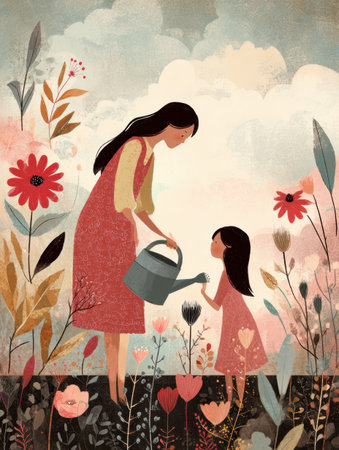 In a pastel spring setting, a mother gently waters flowers while her daughter eagerly watches, both immersed in the joy of gardening together.の素材