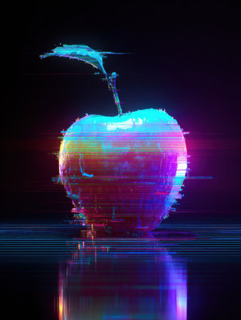 A vibrant apple glows in neon hues, featuring stylish glitch effects that enhance its cyberpunk aesthetic.の素材