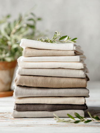 Stack of organic cotton fabrics in soft neutral colors displayed on a light surface, surrounded by gentle greenery, creating a calming atmosphere.の素材