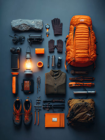 Flat lay arrangement of camping gear showcasing vibrant glowing elements.の素材