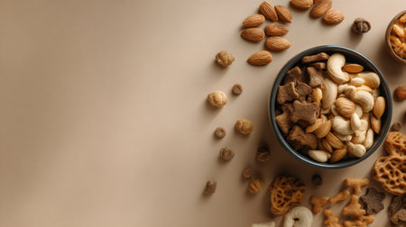 Vibrant bowl filled with various pet treats is showcased on a soft, monochrome background, highlighting the texture and colors of the snacks.の素材