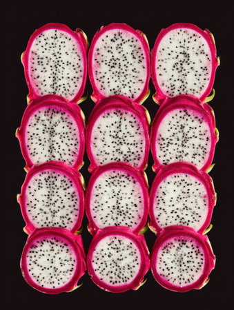 Overhead view of freshly sliced dragon fruit arranged in a precise grid on a dark surface, highlighting the striking contrast of colors and patterns.の素材