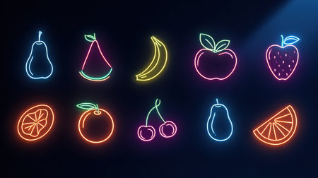 Neon outlines of various fruits glow brightly against a dark background, showing a creative and modern interpretation of fresh produce in an artistic style.の素材
