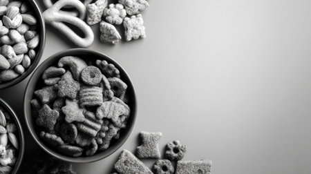 Centered on a neutral backdrop, a bowl filled with diverse pet treats displays an array of shapes and textures, enticing pets and pet owners alike.の素材