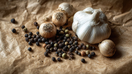 Garlic bulbs and various peppercorns are artfully displayed on crinkled parchment, showcasing a minimalist culinary approach with a focus on textures.の素材
