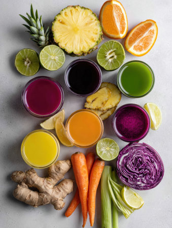Fresh fruits and vegetables are artistically displayed, highlighting various organic juice ingredients, including ginger, carrots, and citrus fruits.の素材