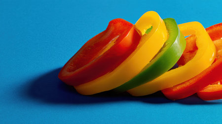 Sliced bell peppers in red, yellow, and green colors are arranged neatly against a blue backdrop, creating a fresh and lively visual with open space.の素材