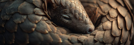A pangolin rests curled in a ball, its scales gently reflecting soft light, creating a peaceful and serene atmosphere ideal for messaging or branding.の素材