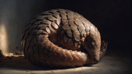 A pangolin curled into a protective ball rests peacefully in soft light, showing its unique scales and gentle posture in a quiet environment.の素材