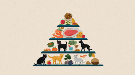 Illustration displays a balanced pet meal pyramid showing various food categories for optimal nutrition, highlighting portions and food types.の素材