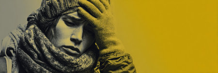 A person wrapped in layers including a scarf and gloves shows fatigue while holding a hot pack, looking for warmth in chilly conditions.の素材