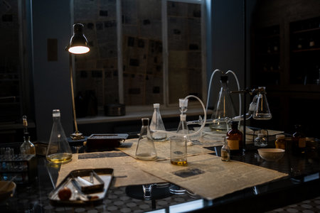 A laboratory features various glass flasks and equipment arranged on a table, illuminated by a lamp, showcasing a scientific exploration environment at night.の写真素材