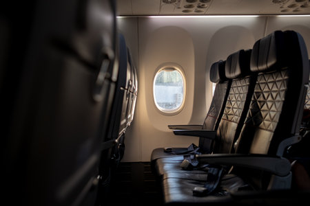 Passengers wait for their flight in an almost empty airplane cabin showcasing sleek leather seats...