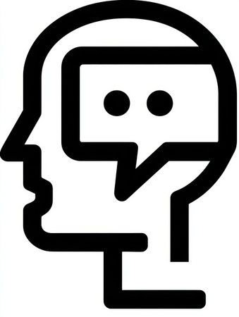 The illustration features a human head silhouette merged with a chatbot icon, highlighting AIs connection to human intelligence today.の素材