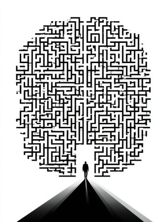 A person stands at the entrance of a brain-shaped labyrinth path, navigating through intricate sections in search of the exit while observing the sky.の素材