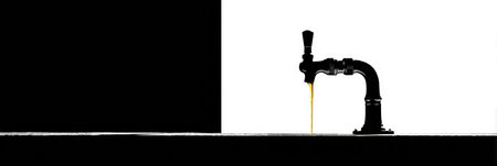 Beer tap in silhouette with golden liquid flowing, set against a stark black and white background that emphasizes the clean design and simplicity.の素材