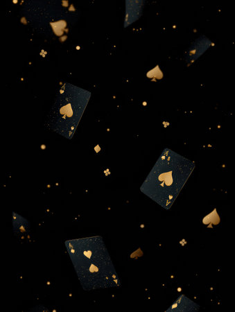 Floating poker cards and gold hearts create an elegant black and gold theme, enhancing the atmosphere of anticipation and excitement in a gaming space.の素材