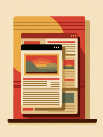 Colorful retro web design featuring clickbait headlines displayed in a stylish layout against a warm-toned background, following minimalism.の素材