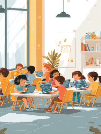 Students of various backgrounds collaborated on programming tasks in a spacious, well-lit classroom, fostering a lively atmosphere of learning.の素材