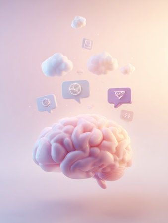 A brain surrounded by floating thought bubbles and diverse icons reflects creativity and idea generation in a minimal pastel atmosphere.の素材
