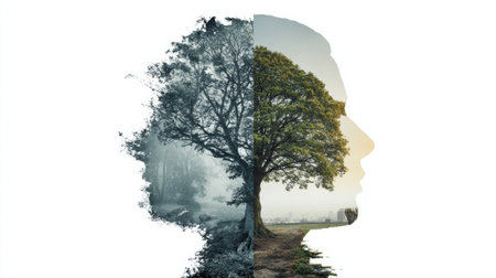 A creative fusion of human intellect and nature is depicted, illustrating the balance between cognitive processes and environmental beauty without distractions.の素材