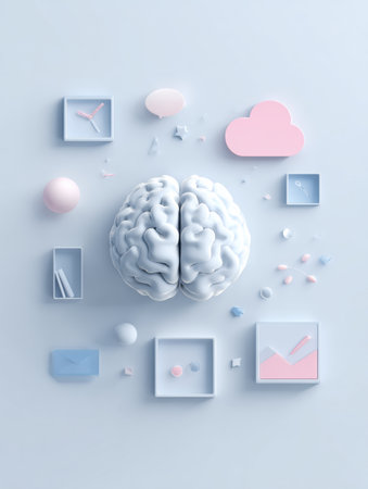 A brain is surrounded by floating thought bubbles and various pastel icons, emphasizing creativity and thought in a calming, minimalistic environment.の素材
