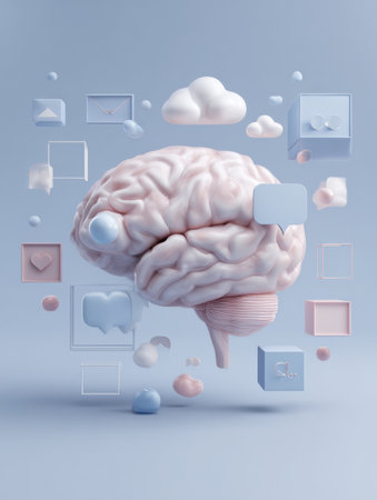 A brain is encircled by floating thought bubbles and icons in a soft pastel setting, inspiring creativity and imagination.の素材