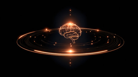 Abstract data flow circles around a glowing brain icon in a dark background, symbolizing the connection between knowledge and technology.の素材