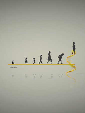 This artwork illustrates the progression from childhood to scholarly adulthood, featuring a smooth, simple backdrop that enhances the evolution theme.の素材