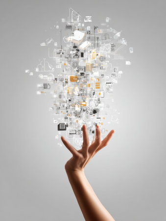 A hand reaches up among icons of knowledge, symbolizing a quest for intellectual growth in a bright, abstract setting.の素材