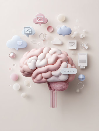 A brain is depicted with floating thought bubbles and various icons in a minimal pastel setting, emphasizing creativity and the flow of ideas.の素材