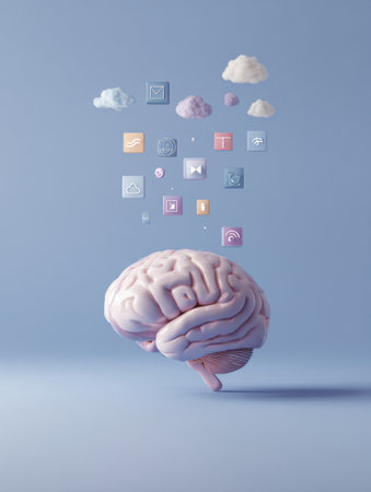 A brain surrounded by floating thought bubbles and various icons depicts the process of creative thinking and idea generation in a clean, minimalistic style.の素材