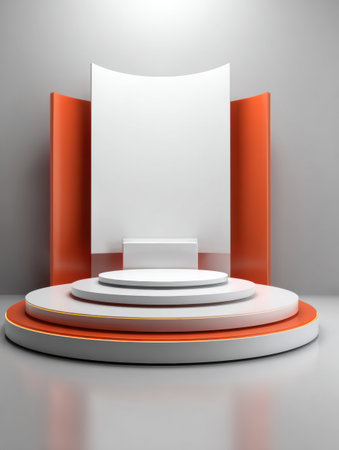 A contemporary stage features a floating 3D platform and a large blank panel, designed for commercial use, showcasing clean lines and vivid colors.の素材