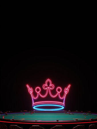 Neon crown glows above a poker table, creating an alluring atmosphere for players in an empty gaming area during night hours.の素材
