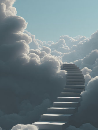 Stairs rise through soft clouds, leading toward a radiant light, symbolizing the journey of self-growth and enlightenment in a tranquil sky.の素材