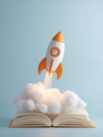 A colorful 3D paper rocket launches from an open notebook, symbolizing creativity and imagination against a soft pastel backdrop, inviting new ideas.の素材