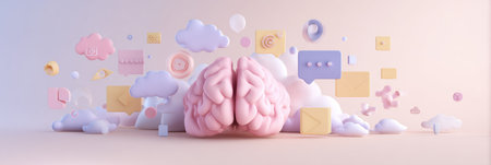 Colorful thought bubbles and icons surround a brain model in a minimal pastel background, symbolizing creativity, inspiration, and the exploration of ideas.の素材