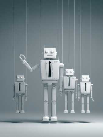 A puppet master manipulates several cartoonish robot figures in a minimalist gray environment, symbolizing control and the deception of scam operations.の素材