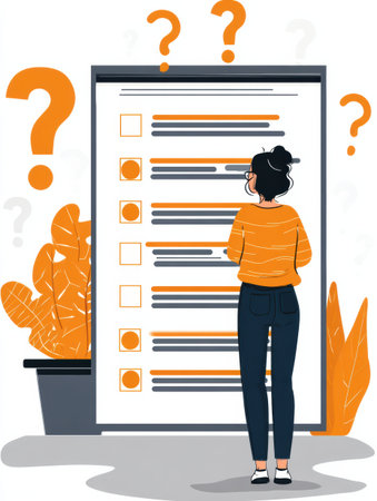 A woman stands before a minimalistic digital quiz interface filled with question marks, showing its engaging design for data collection.の素材